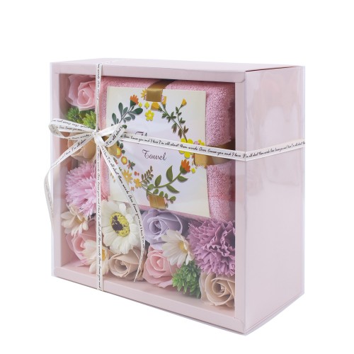 Cutie Aranjament Floral Sapun cu Prosop Pami, FS1021-166-Roz